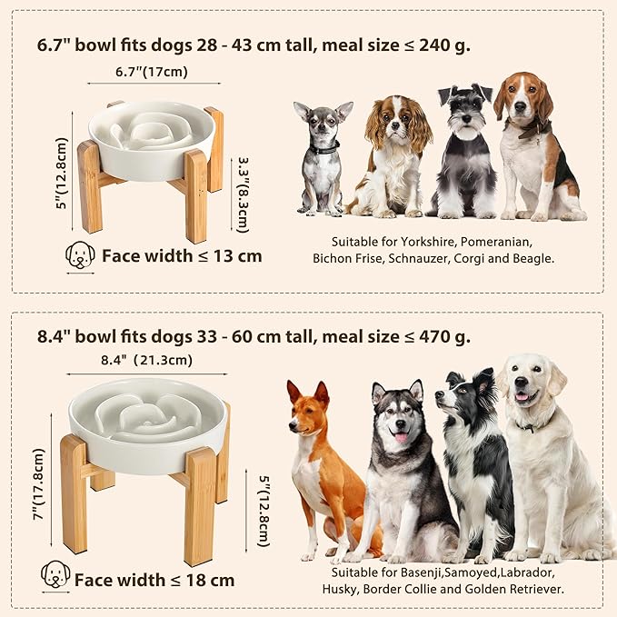 Elevated Slow Feeder Dog Bowl - Ceramic Maze Food Dish with Bamboo Stand - Raised Feeding Bowl for Fast Eaters - Ideal for Small and Medium Dogs - Milky White - 6.7 inch