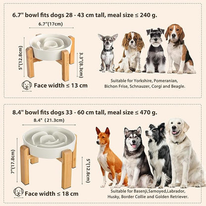 Elevated Slow Feeder Dog Bowl - Ceramic Maze Food Dish with Bamboo Stand - Raised Feeding Bowl for Fast Eaters - Ideal for Small and Medium Dogs - Milky White - 6.7 inch