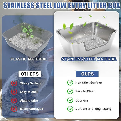 2 Pack Stainless Steel Cat Litter Box with Low Entry,Litter Pan for Big Kitty and Multiple Cats,Easy to Clean,Non-Stick,Odor-Free,Suitable for Kittens,Senior Cats and Injured Pets,23.6"x15.7"x5.9"