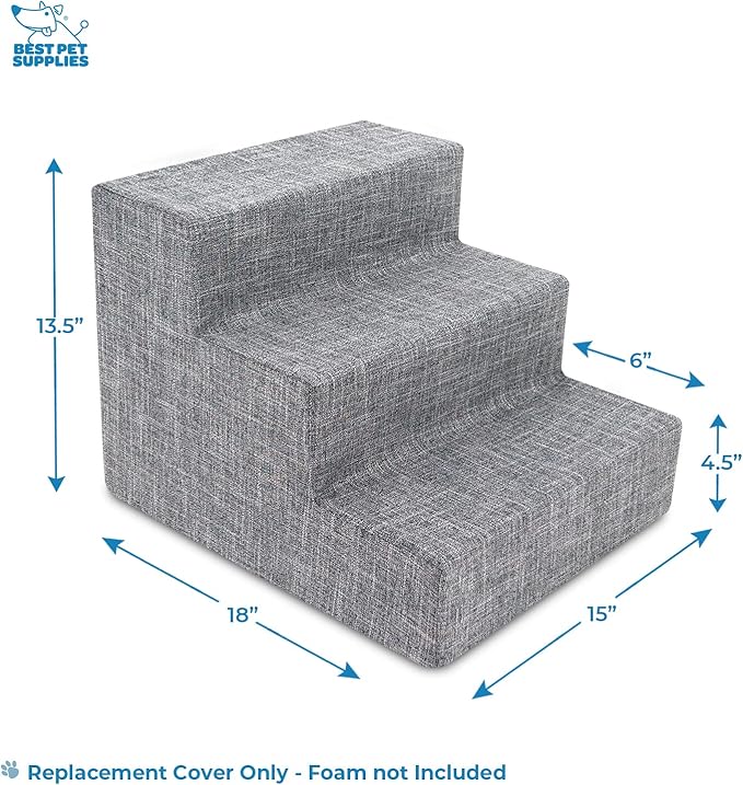 Best Pet Supplies Foam Pet Steps Cover for Small Dogs and Cats, Portable Ramp Stairs for Couch, Sofa, and High Bed Climbing (Cover Only) - Ash Gray Linen, 3-Step (Cover Only)