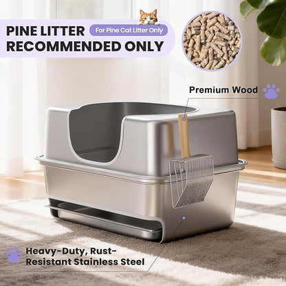Stainless Steel Sifting Litter Box with Lid for Pine Pellets,Extra Large XL Pellet Litter Box Sifter with Removable Drawer Pan for Big Cats,Metal Litter Sifting Pan 23.5" x 15.7" x 8"
