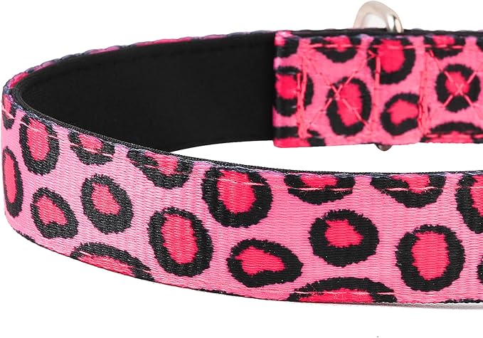 Reflective Dog Collar, Adjustable Soft Neoprene Padded Nylon Pet Collars with Buckle for Puppy and Small Dogs, Cats, Leopard Pink,L