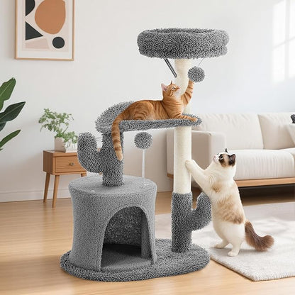 DUMOS 33-inch Cat Tree Tower for Indoor Cats, Small Cat Scratching Post with Curved Bed, Cat Tree with Cat Condo for Adult, Grey