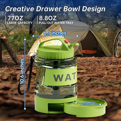 77oz Dog Water Dispenser, Camping Essentials, Large Travel Bottle with Pull-Out Drinking Bowl, Portable Beach Accessories, Car Water Container for Dogs, BPA Free