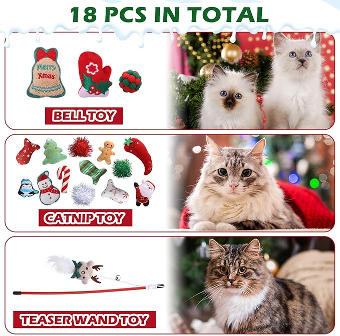 Syhood 18 Pcs Christmas Cat Stocking Toys Catnip Toys Set, Include Kitten Interactive Wand Toy Cat Chew Toy Teaser Wand Teething Mouse Santa Fish Ball Feather Toy Christmas Hanging Stocking for Pet