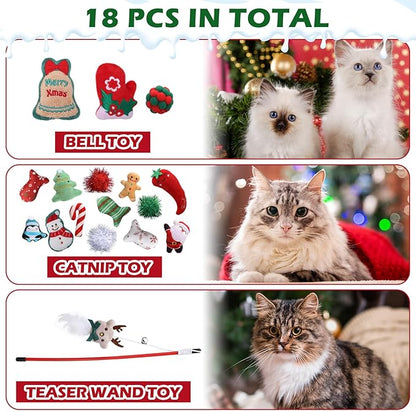 Syhood 18 Pcs Christmas Cat Stocking Toys Catnip Toys Set, Include Kitten Interactive Wand Toy Cat Chew Toy Teaser Wand Teething Mouse Santa Fish Ball Feather Toy Christmas Hanging Stocking for Pet