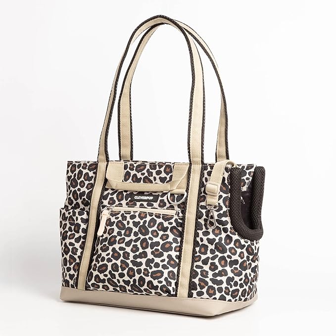Cleverpup Transit Tote Dog Carrier for Small Dogs Under 8 lbs, 16x11x8 Soft-Sided 4-Pc Set with Waterproof Base, Plush Insert, Food Pouch, Mesh Head Opening - Small, Leopard