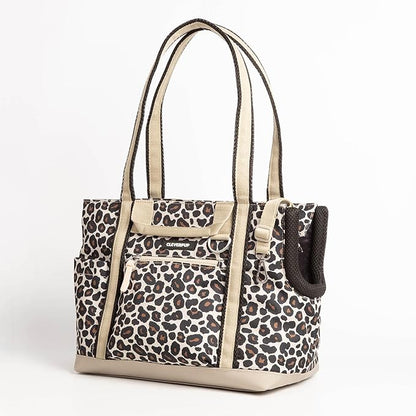Cleverpup Transit Tote Dog Carrier for Small Dogs Under 8 lbs, 16x11x8 Soft-Sided 4-Pc Set with Waterproof Base, Plush Insert, Food Pouch, Mesh Head Opening - Small, Leopard