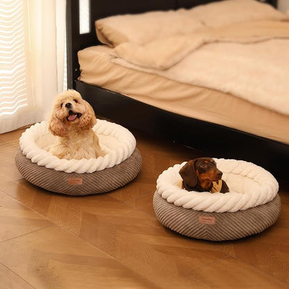 FUKUMARU Dog Bed, Calming Donut Dog Beds, Plush Faux Fur&Corduroy Cat Beds, Cute Round Washable Pet Bed for Large Cats and Small Dogs, Cat Cave with Anti-Slip Bottom, 25inch, Camel