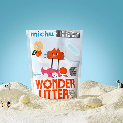 Michu Wonder Cat Litter, Cassava Plant-Based Cat Litter, Automatic Litter Box Friendly, Flushable & Fast Clumping, Low Dust Odor Control, 5.5lb/88oz - Lemon Tea 4 Pack