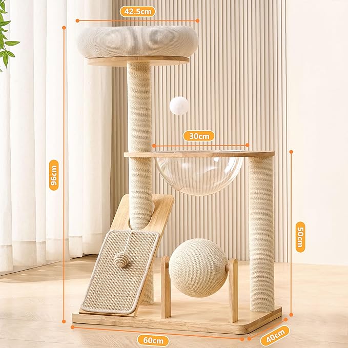 HITTITE Solid Wood Cat Tree Tower with Scratching Post, 37.8 Inches Tall Cat Towers with Scratching Board and Scratcher Ball, Modern Cat Tower With Space Capsule and Removable Top Bed for Indoor Cats.