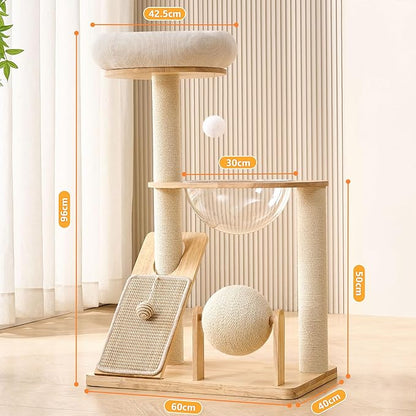HITTITE Solid Wood Cat Tree Tower with Scratching Post, 37.8 Inches Tall Cat Towers with Scratching Board and Scratcher Ball, Modern Cat Tower With Space Capsule and Removable Top Bed for Indoor Cats.