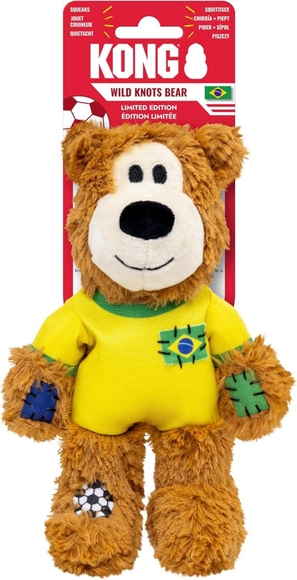 KONG Wild Knots Bear Soccer Player Dog Toy – Brazil – National Team Jersey Inspired – International Tournament Edition – Plush Rope Toy with Squeaker, Medium/Large