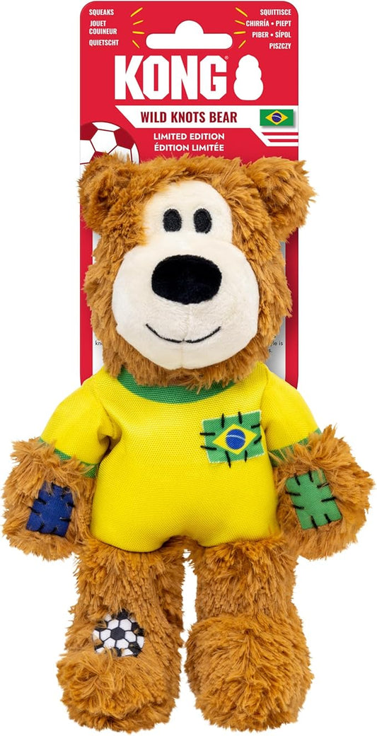 KONG Wild Knots Bear Soccer Player Dog Toy – Brazil – National Team Jersey Inspired – International Tournament Edition – Plush Rope Toy with Squeaker, Medium/Large