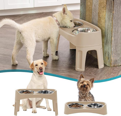 IRIS USA Adjustable Elevated Dog Bowls, Raised Feeder with 2 Stainless Steel 64 oz Bowls, Spill-Guard Rim, 12.25" or 4.63" Heights, Durable Plastic, Made in USA, Almond