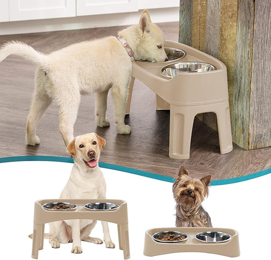 IRIS USA Adjustable Elevated Dog Bowls, Raised Feeder with 2 Stainless Steel 64 oz Bowls, Spill-Guard Rim, 12.25" or 4.63" Heights, Durable Plastic, Made in USA, Almond