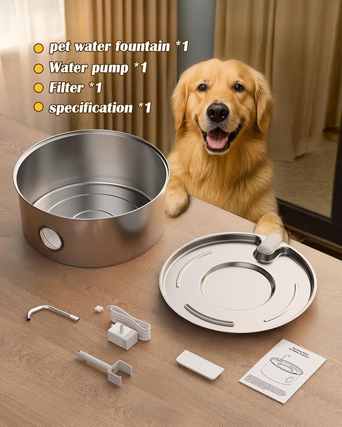 Stainless Steel Dog Water Fountain – 8L/270oz Automatic Waterer with Quiet Pump for Medium/Large Dogs, Cats & Multi-Pet Homes, Visible Water Window & Easy to Clean