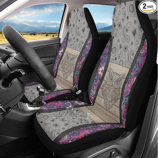 Owl Car Front Seat Covers Waterproof Universal Front Seat Cover Boho Floral Removable Automotive Accessories Suitable for Cars, SUV and Trucks