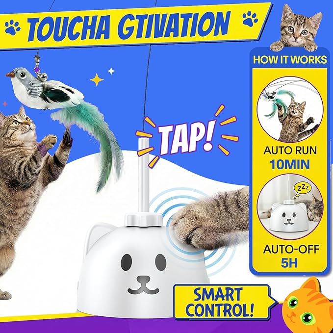 Interactive Cat Toys for Indoor Cats - Automatic Flying Bird Feather Toy, USB Rechargeable Electric Cat Teaser with Strong Sticky Base, Smart Motion Activated Self-Play Enrichment Toy for Bored Cats