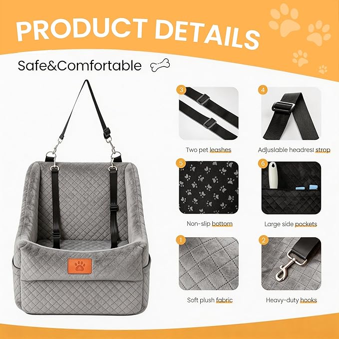 Dog Car Seat for Medium Dogs Up to 35lbs, Pet Booster Seat with 2 Safety Belts, Detachable Washable, Non-Slip Stable Base, Portable Puppy Car Seat for Travel & Outdoor Daily Use