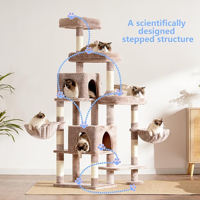 Hey-brother Cat Tree Tower, Scratching Posts with a Extended Part, Wide Platforms, Cozy Condos, Hammocks, Sisal Columns and Ball for Indoor Cats, 70.1 Inches, Muchroom MPJ038MU