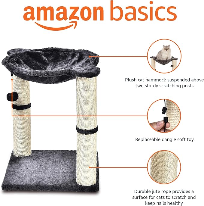 Amazon Basics Sturdy Cat Condo Tower with Hammock Bed and Scratching Posts, Interactive Hanging Ball Toy for Indoor Cats, 15.8" x 15.8" x 19.7", Gray