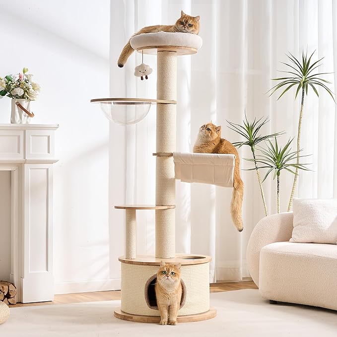 64.2" Modern Cat Tree for Indoor Cats, Solid Wood Cat Tower with Chunky Scratching Posts, 20" Roomy Condo, Cat Bed, Hammock, Capsule Nest, Interactive Squeaky Toy, Multi-Level Cat Furniture