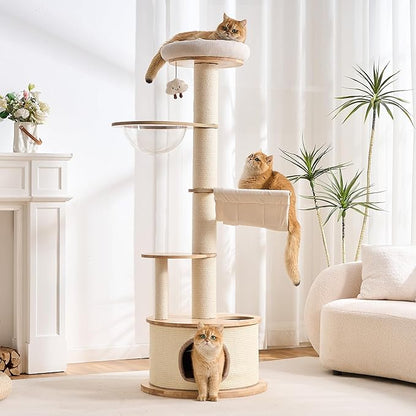 64.2" Modern Cat Tree for Indoor Cats, Solid Wood Cat Tower with Chunky Scratching Posts, 20" Roomy Condo, Cat Bed, Hammock, Capsule Nest, Interactive Squeaky Toy, Multi-Level Cat Furniture