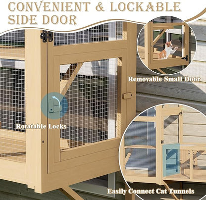 Large Catio Cat Window Box, Outdoor Cats Window Perch Enclosure for Indoor Cats with 4 Jump Platforms & 4 Doors, Kitten Cat Patio House Connected with Tunnels, All Weather Use (Natural)