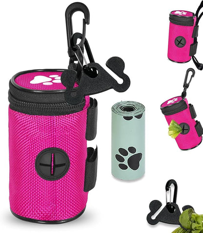 Dog Waste Bag Dispenser Pet Poop Bags Holder for Doggie Waste Bags Dispensers Soft Fabric Zipper Small Doggy Puppy Pouch for Leash Accessory Attachment with Carrier,Paw Print, No-XYBpink