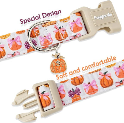 Faygarsle Fall Pumpkin Pattern Dog Collar with Charm, Adjustable Neckwear for Small Medium Large Dogs, Orange and Pink for Small Medium Large Dogs XS
