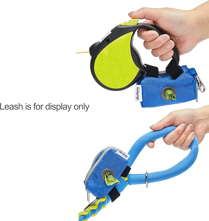 Blueberry Pet Dog Poop Bags Rolls Dispenser, Leash Attachment Holder for Dog Poop Bags, Solid Color, Dual Zippered Compartments, Lightweight, Durable, Includes Free Roll, Travel-Friendly