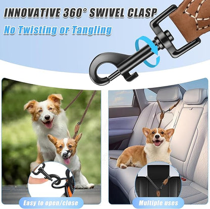Mile High Life Dual Dog Leash - 360 Swivel No Tangle Walking, Hands Free With Leather Tailored Connection, Double Rope for Two Dogs (Dark Brown, 8FT)