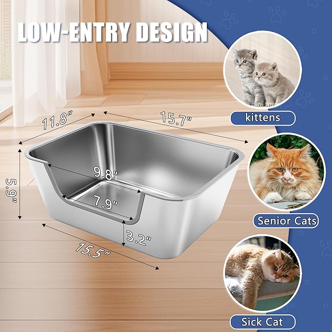 Stainless Steel Cat Litter Box with Low Entry,Litter Pan for Small and Medium Cats,Easy to Clean, Non-Stick, Odor-Free,Suitable for Kittens,Senior Cats and Injured Pets,17.7"x13.8"x5.9"