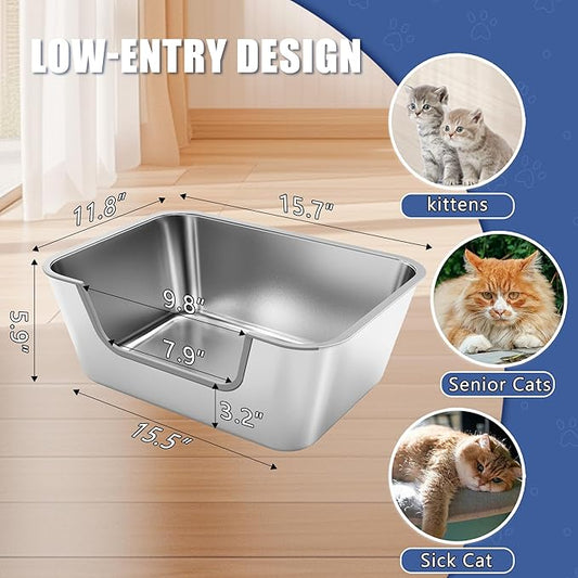 Stainless Steel Cat Litter Box with Low Entry,Litter Pan for Small and Medium Cats,Easy to Clean, Non-Stick, Odor-Free,Suitable for Kittens,Senior Cats and Injured Pets,17.7"x13.8"x5.9"