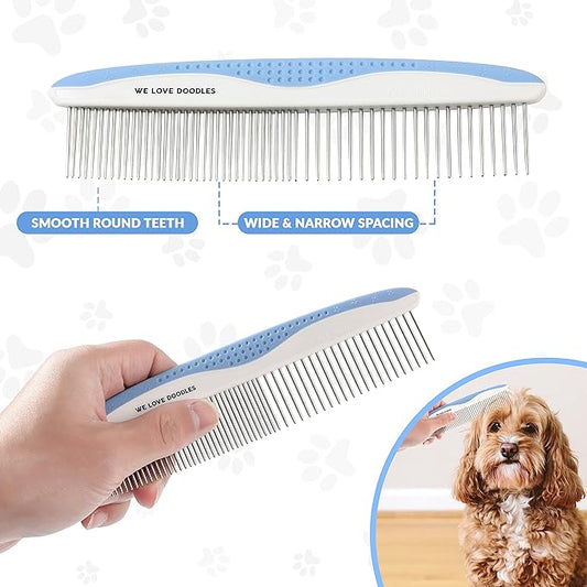 We Love Doodles Dog Comb (2 Packs) & Lavender Detangler Spray 16oz – Pet Grooming Essentials, Stainless Steel Rounded-End Dematting Metal Comb for Dogs, Dog Leave-In Conditioner Spray for Detangling