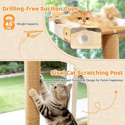Cat Window Perch with Scratching Post, 46" Adjustable Tall Scratching Posts & Suction Cup – White Rabbit Fur Pad, Multi-Level Perch for Climbing, Bird Watching, Play, Supports 45 lbs (Drilling-Free)