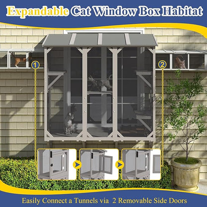 PetsCosset Cat Window Box Wooden Window Catio for Indoor Cats, Cat Enclosure with 4 Platforms & 3 Doors, Wall-Mounted Perch for Sunbathing, Play & Tunnel Connection, All-Weather Use, Keeps Insects Out
