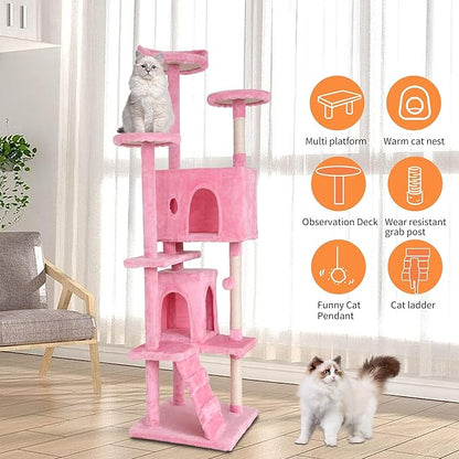 BestPet | 70" Cat Tree Tower | Pink | Sturdy, Easy to Assemble, Multi-Level Activity Center with Sisal Scratching Posts, Condos, Perches, Hanging Cat Toys, Observation Decks & Ladder