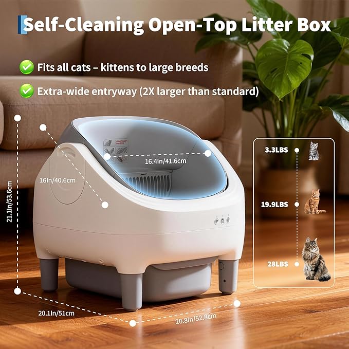 Self Cleaning Cat Litter Box with APP Control, Open-Top Automatic Litter Box for Multiple & Large Cats, 10.5L Sealed Waste Bin, Safety Sensors, Ultra-Quiet, Odor-Free, 2.4G WiFi