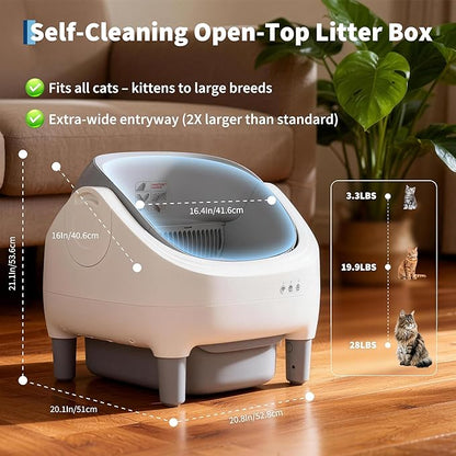Self Cleaning Cat Litter Box with APP Control, Open-Top Automatic Litter Box for Multiple & Large Cats, 10.5L Sealed Waste Bin, Safety Sensors, Ultra-Quiet, Odor-Free, 2.4G WiFi