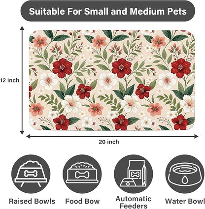 Patterned Cat & Dog Bowl Mat for Food and Water, 12"×20" Quick Dry Absorbent Pet Feeding Mat, Eco-Friendly Dog Placemat
