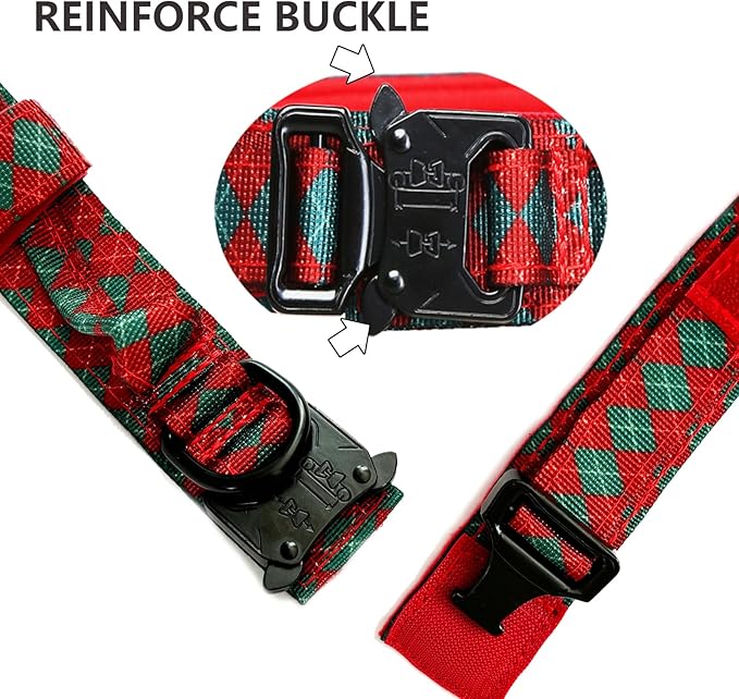 Christmas Tactical Dog Collar Adjustable Nylon Dog Collar Metal Buckle with Handle for Dog Training (Christmas Green,M)