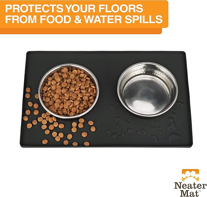 Neater Pet Brands Neater Mat Cat & Dog Food Mat, Waterproof & BPA-Free Silicone Placemat with Raised Edge for Under Food and Water Bowls, 16" x 10", Midnight Black