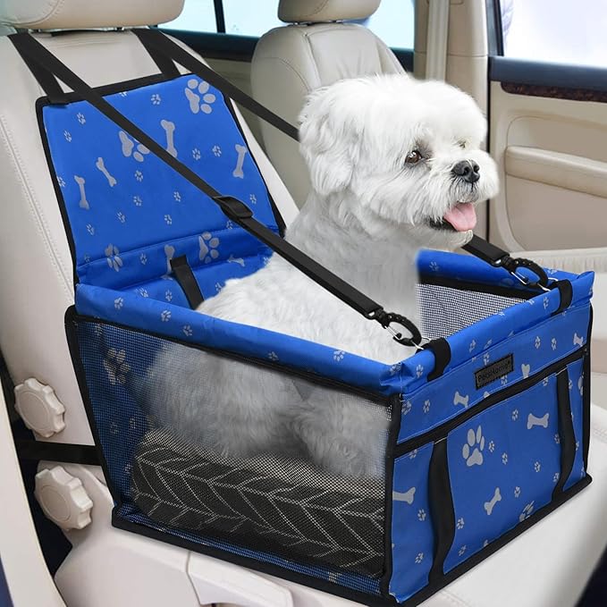 PetsHome Dog Car Seat Foldable Dog Car Booster Seat Waterproof Breathable Oxford Travel Bag for Small to Medium Dogs, Puppies, and Pets-Pattern Blue+Mat