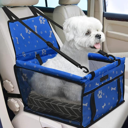 PetsHome Dog Car Seat Foldable Dog Car Booster Seat Waterproof Breathable Oxford Travel Bag for Small to Medium Dogs, Puppies, and Pets-Pattern Blue+Mat