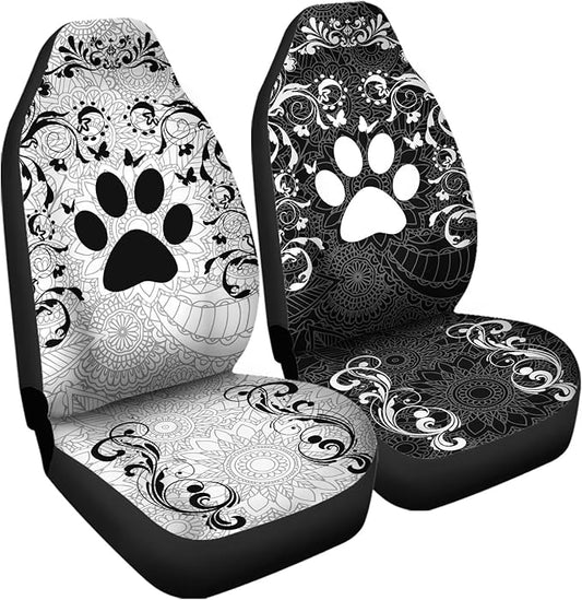 Car Front Seat Covers Full Set of 2, Boho Floral Paw Print Stretchy Waterproof Automotive Interior Accessories Universal Fit Most Vehicles