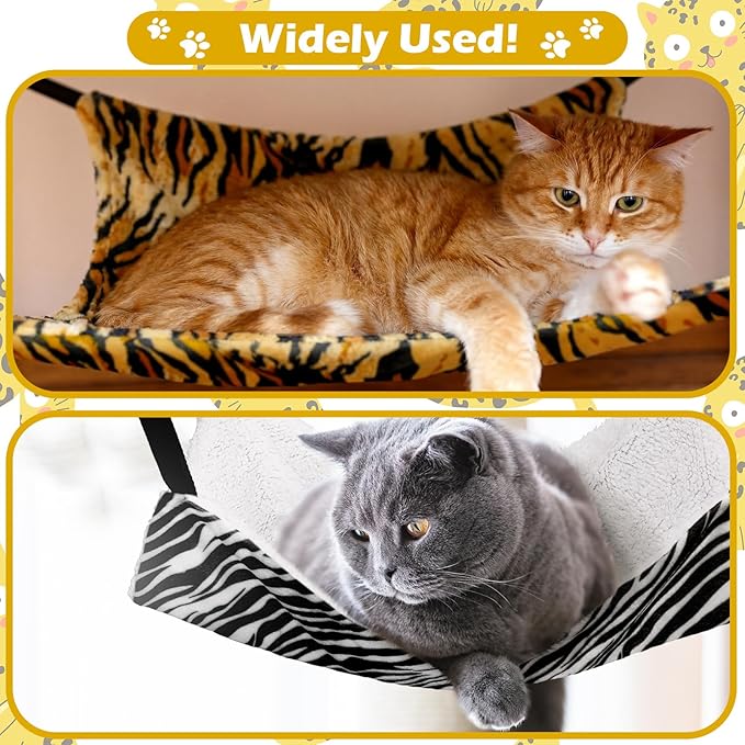 Jetec 2 Pack Cat Hammock for Cage, Catio Accessories Reversible Soft Cats Bed with Adjustable Straps and Hooks Double-Sided Linen and Fleece Hanging Hammock for Cats, Kitten(Zebra, Tiger Stripes,M)
