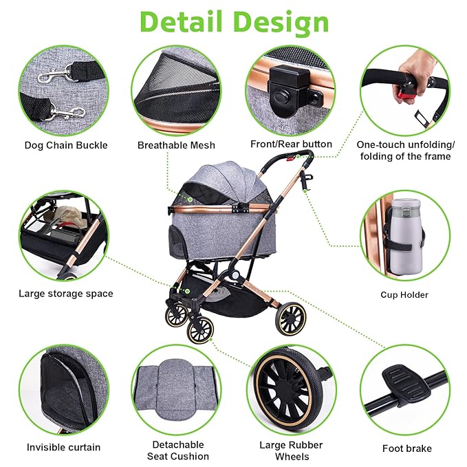 Dog Stroller for Dogs - 3 in 1 Pet Stroller with Detachable Storage Basket 4 All-Terrain Rubber Wheels Pull Rod Durable Travel Carrier for Max 33 lbs Medium Dogs 2 Small Cats (Grey)