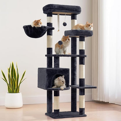 Cat Tree for Indoor Cats, 55.1 inch Cat Tower with 7 Sisal Scratching Posts, Multi-level Cat Condo wit Large Play Platform Furry Ball, Cat Cave, 2 Padded Perches, Basket, Smoky Gray GCT013G